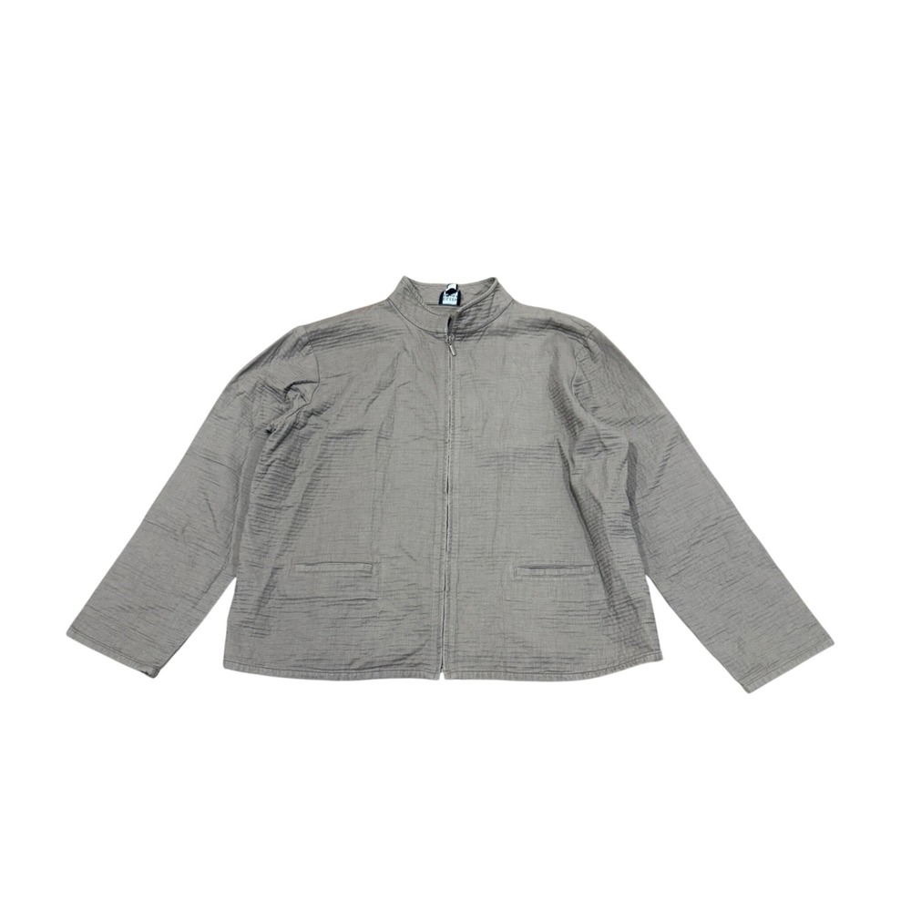 Eileen Fisher Crinkle Cotton Full Zip Jacket Taupe Grey Large Petite PL Neutral
